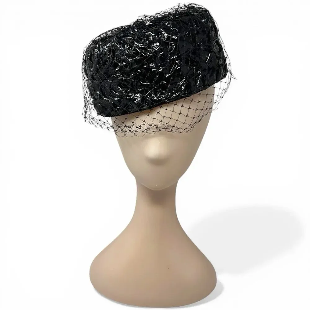 Vintage 60s Pillbox Hat Black Veil Mod Goth Old Money Cocktail - Picture 8 of 8